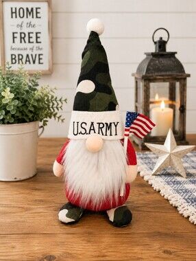 U.S. Army Red & Camo Gnome Figurine Patriotic Home Accent